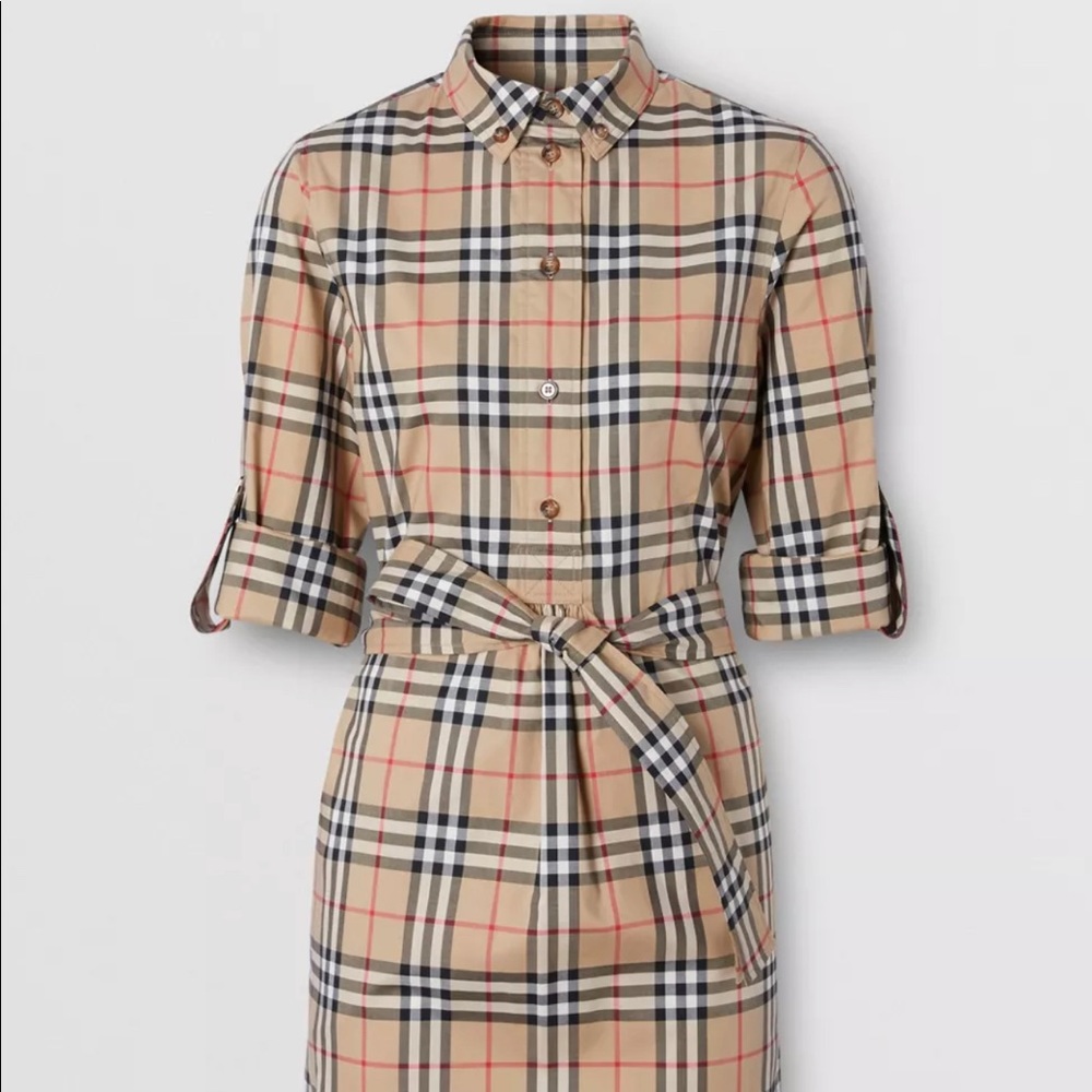 Brand New Authentic Burberry Check Stretch Cotton Tie-waist Shirt Dress